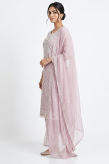Light Onion Pink 3-Piece Salwar Suit Set with Organza Chiffon Kurti, Elastic Pant & Stone Work Dupatta — side pose