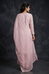 Light Onion Pink 3-Piece Salwar Suit Set with Organza Chiffon Kurti, Elastic Pant & Stone Work Dupatta — back pose