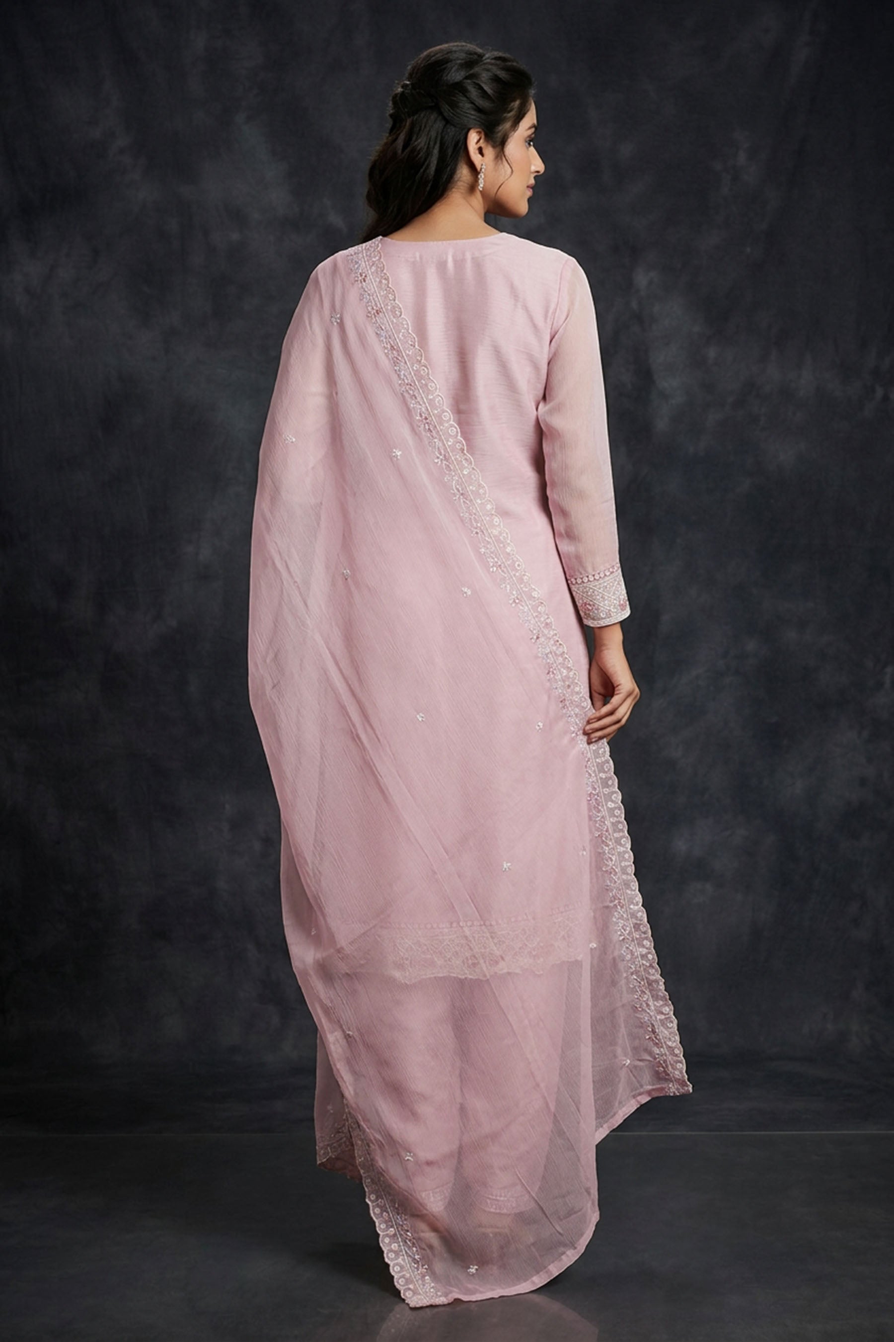 Light Onion Pink 3-Piece Salwar Suit Set with Organza Chiffon Kurti, Elastic Pant & Stone Work Dupatta — back pose