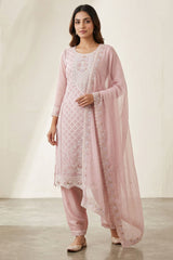 Light Onion Pink 3-Piece Salwar Suit Set with Organza Chiffon Kurti, Elastic Pant & Stone Work Dupatta — front pose