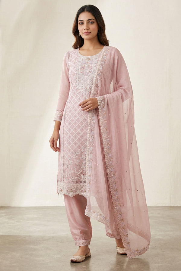 Light Onion Pink 3-Piece Salwar Suit Set with Organza Chiffon Kurti, Elastic Pant & Stone Work Dupatta — front pose