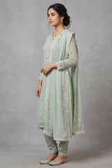 Pastel Green 3-Piece Pakistani Kurti Salwar Set with Organza Chiffon Dupatta and Stone Work — side pose