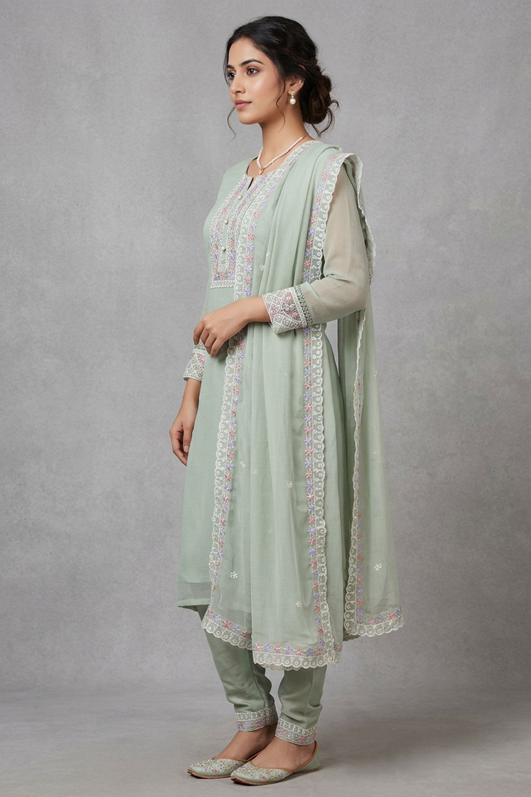 Pastel Green 3-Piece Pakistani Kurti Salwar Set with Organza Chiffon Dupatta and Stone Work — side pose