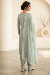 Pastel Green 3-Piece Pakistani Kurti Salwar Set with Organza Chiffon Dupatta and Stone Work — back pose