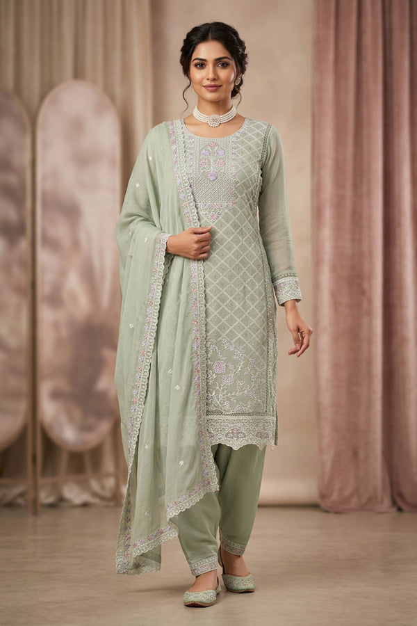 Pastel Green 3-Piece Pakistani Kurti Salwar Set with Organza Chiffon Dupatta and Stone Work — front pose