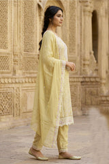Pastel Yellow Organza Chiffon 3-Piece Salwar Set with Stone Work Kurti, Pant & Dupatta — back pose