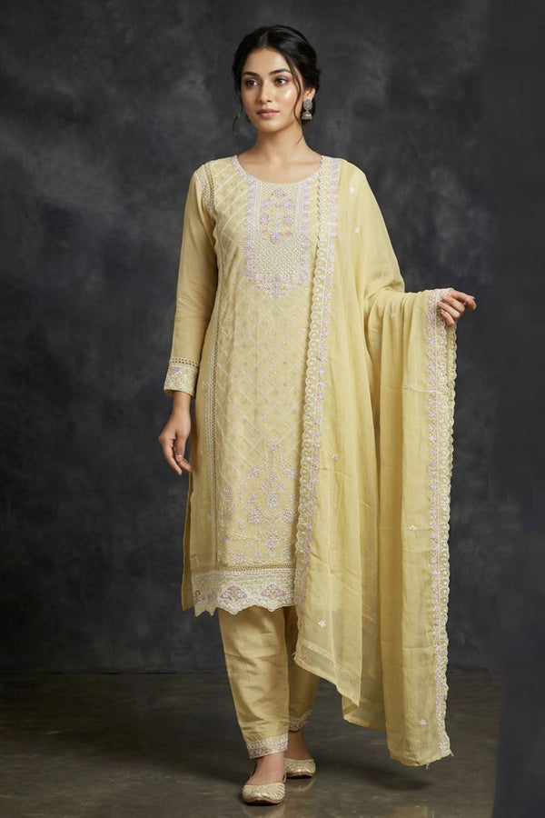 Pastel Yellow Organza Chiffon 3-Piece Salwar Set with Stone Work Kurti, Pant & Dupatta — front pose