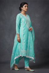 Light Blue Organza Khatli Work Kurti with Roman Silk Bottom & Border Dupatta 3-Piece Salwar Set — side pose