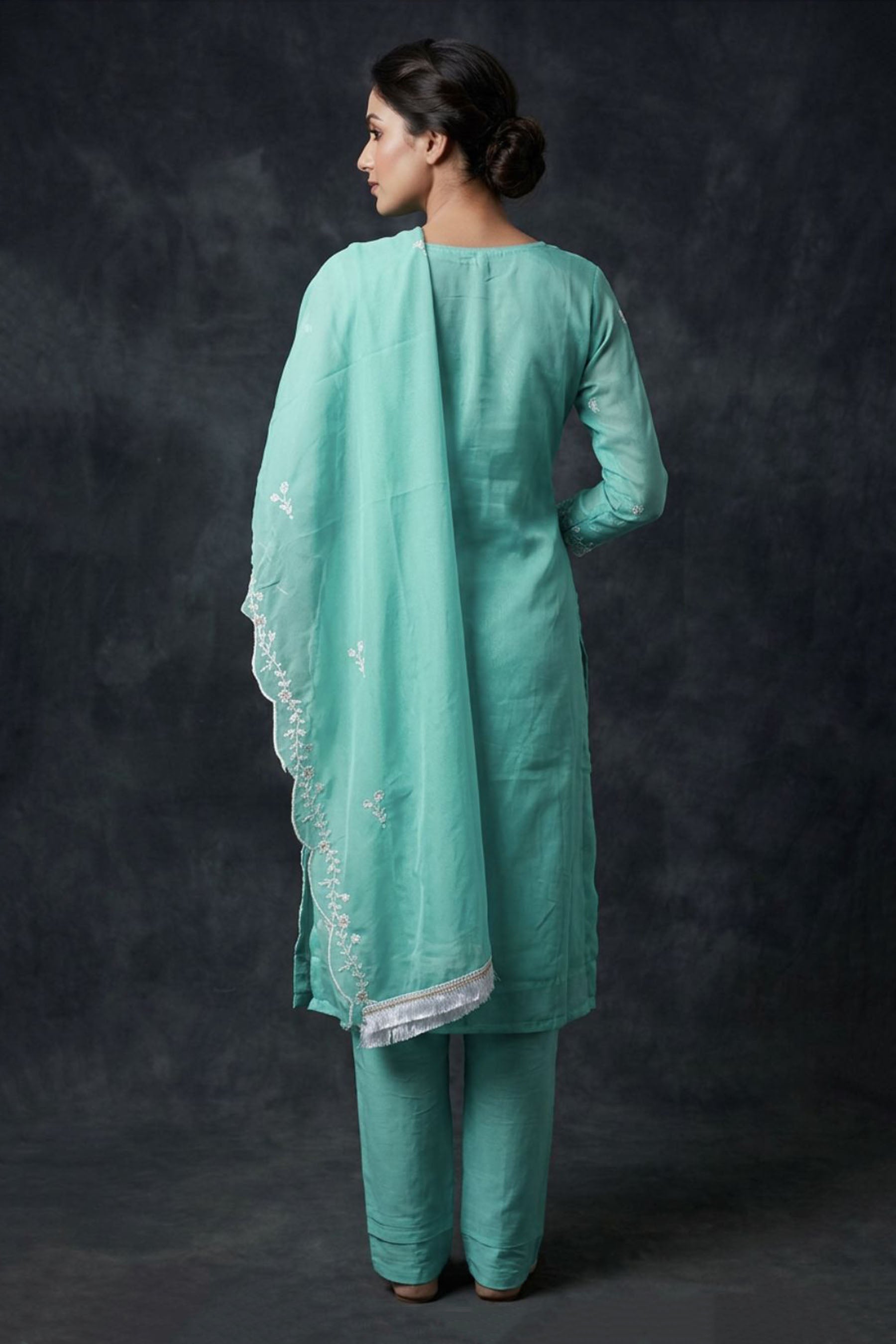 Light Blue Organza Khatli Work Kurti with Roman Silk Bottom & Border Dupatta 3-Piece Salwar Set — back pose