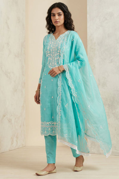 Light Blue Organza Khatli Work Kurti with Roman Silk Bottom & Border Dupatta 3-Piece Salwar Set — front pose