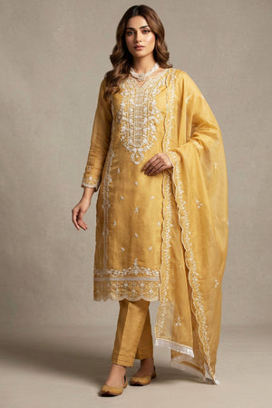 Light Beige Organza Khatli Work Kurti with Border Dupatta & Roman Silk Bottom - 3 Piece Salwar Set