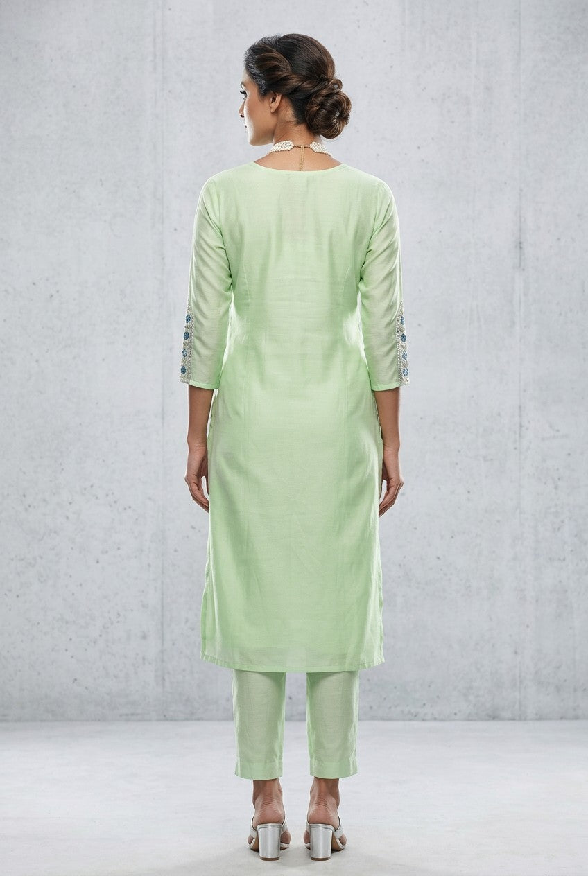 Light Green Cotton Embroidered 3-Piece Salwar Suit with Chiffon Dupatta — back pose