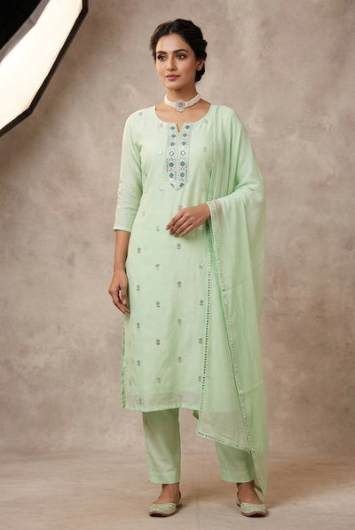 Light Green Cotton Embroidered 3-Piece Salwar Suit with Chiffon Dupatta — front pose
