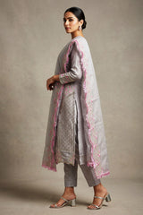 Light Grey 3-Piece Organza Kurti Salwar Set with Khatli Work & Border Dupatta, Roman Silk Bottom — side pose