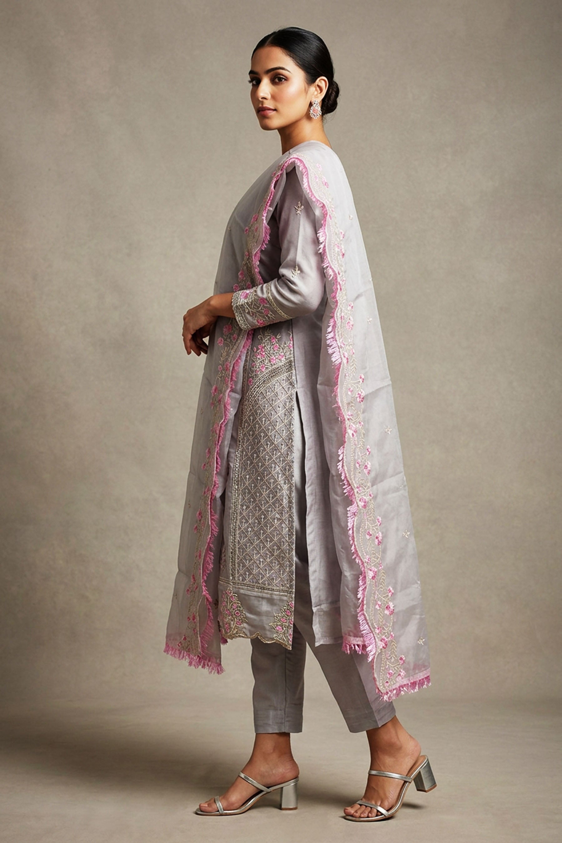 Light Grey 3-Piece Organza Kurti Salwar Set with Khatli Work & Border Dupatta, Roman Silk Bottom — side pose