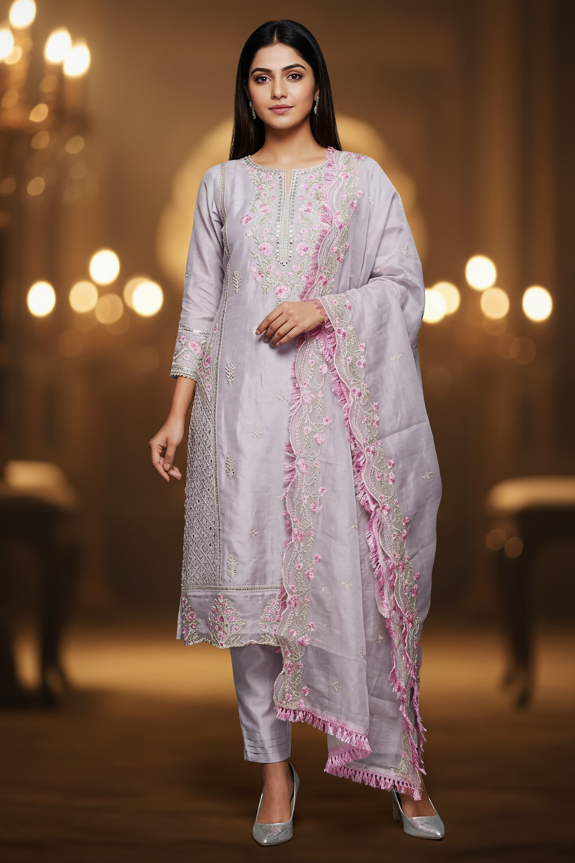 Light Grey 3-Piece Organza Kurti Salwar Set with Khatli Work & Border Dupatta, Roman Silk Bottom