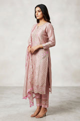 Peach Organza Khatli Work Kurti with Roman Silk Salwar and Border Dupatta – 3 Piece Salwar Set — side pose