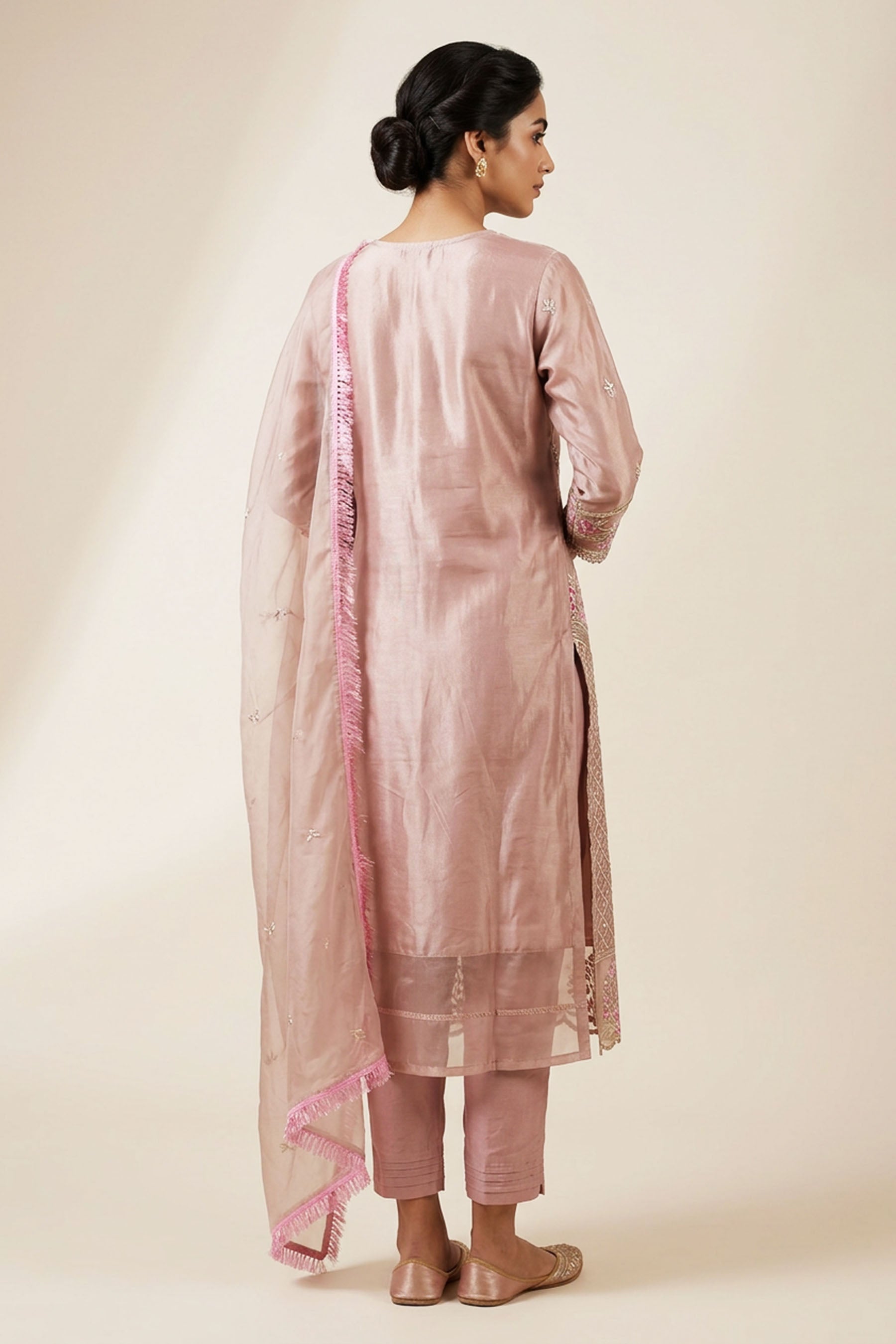 Peach Organza Khatli Work Kurti with Roman Silk Salwar and Border Dupatta – 3 Piece Salwar Set — back pose