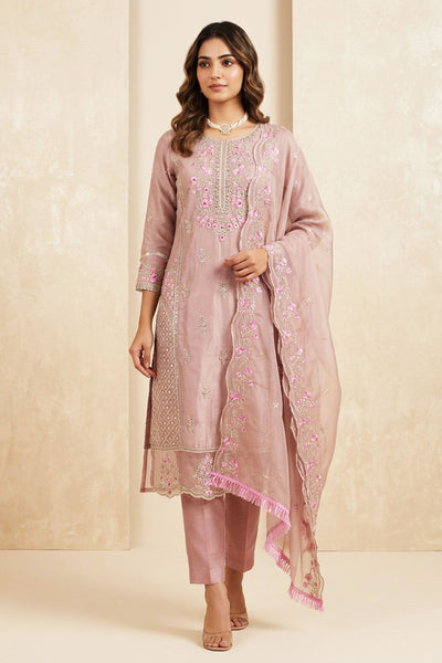 Peach Organza Khatli Work Kurti with Roman Silk Salwar and Border Dupatta – 3 Piece Salwar Set — front pose