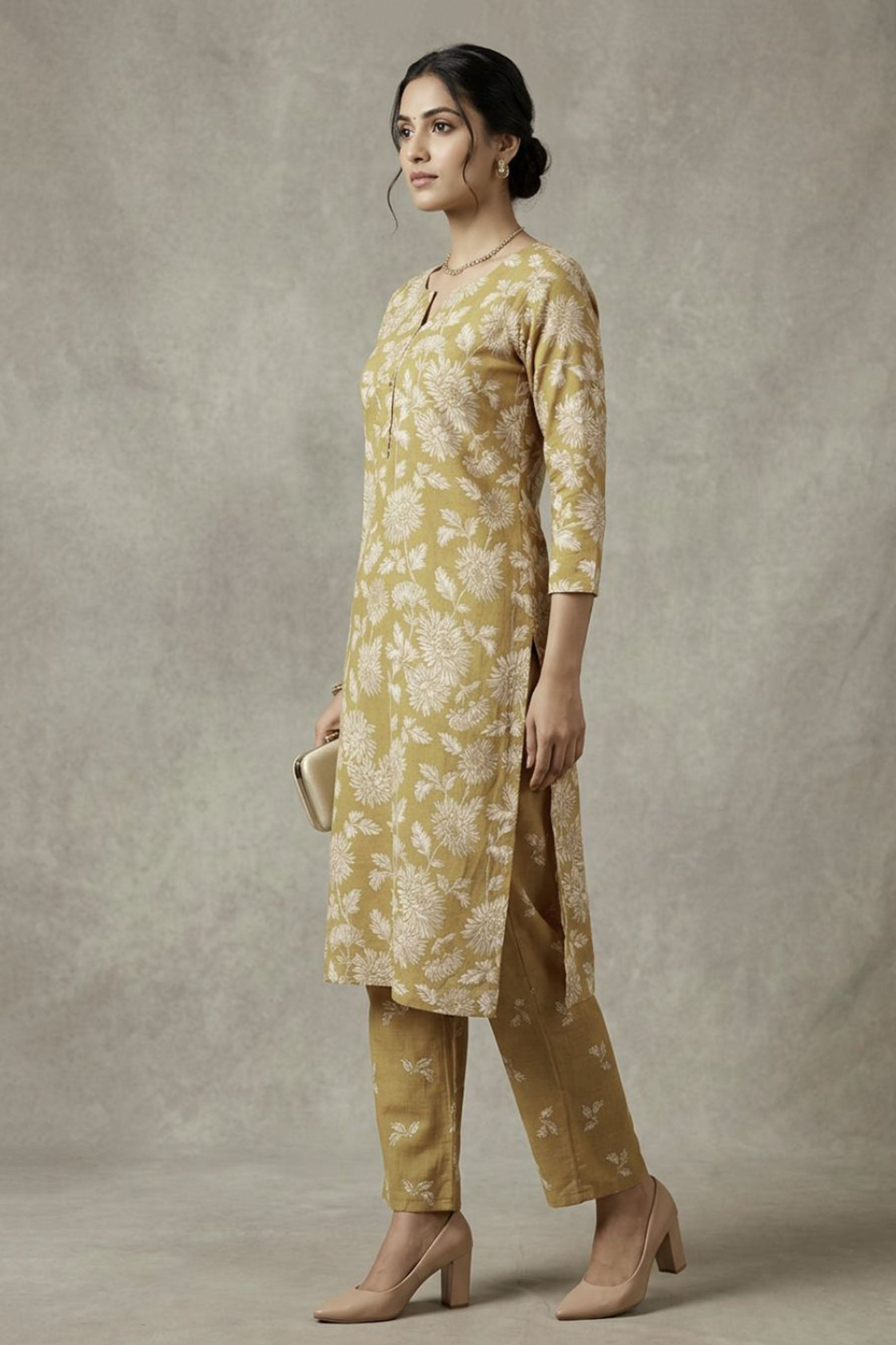 Mustard Yellow Cotton Kurti Pant Set with Printed — side pose