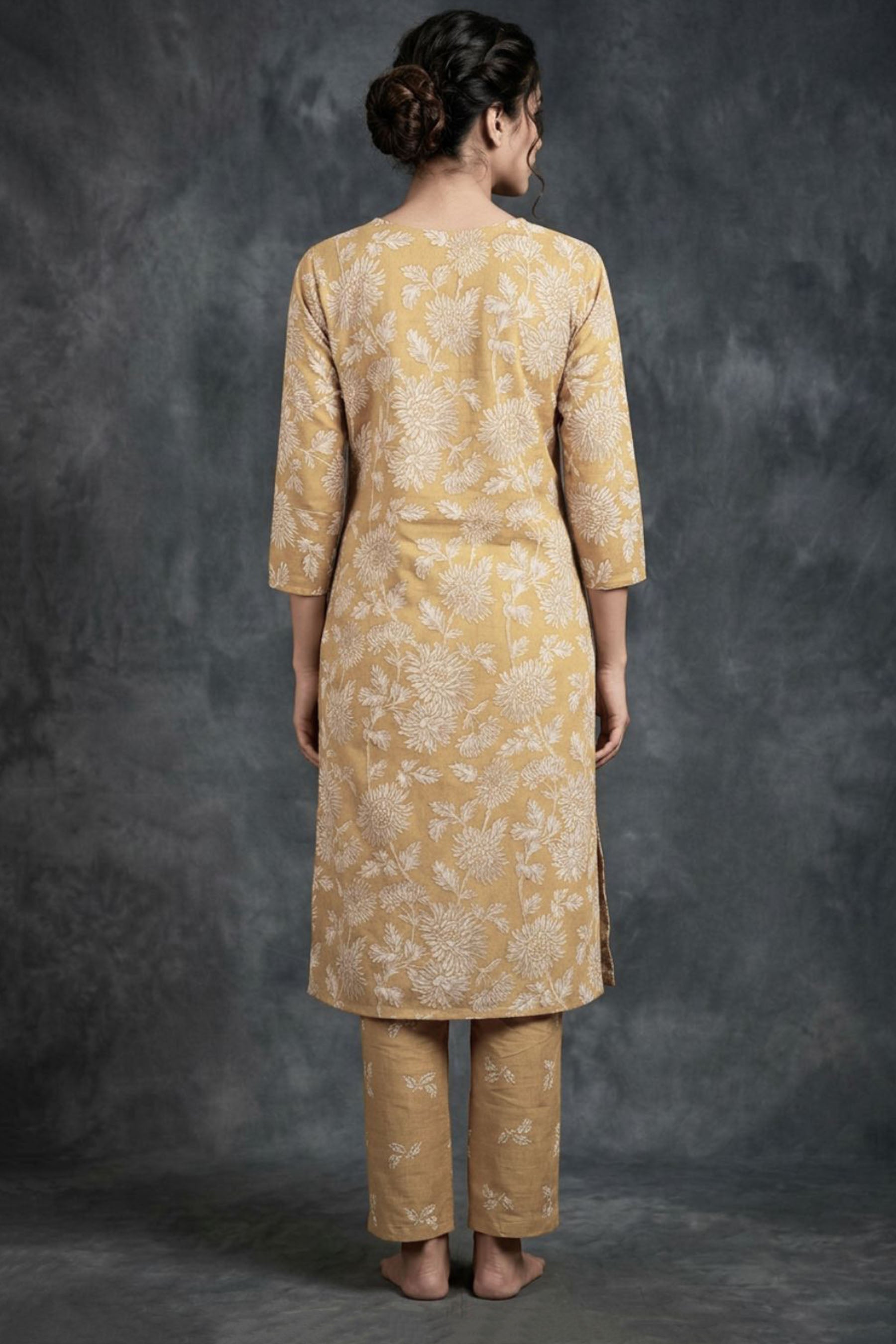 Mustard Yellow Cotton Kurti Pant Set with Printed — back pose