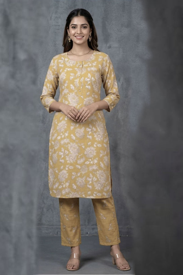 Mustard Yellow Cotton Kurti Pant Set with Printed — front pose