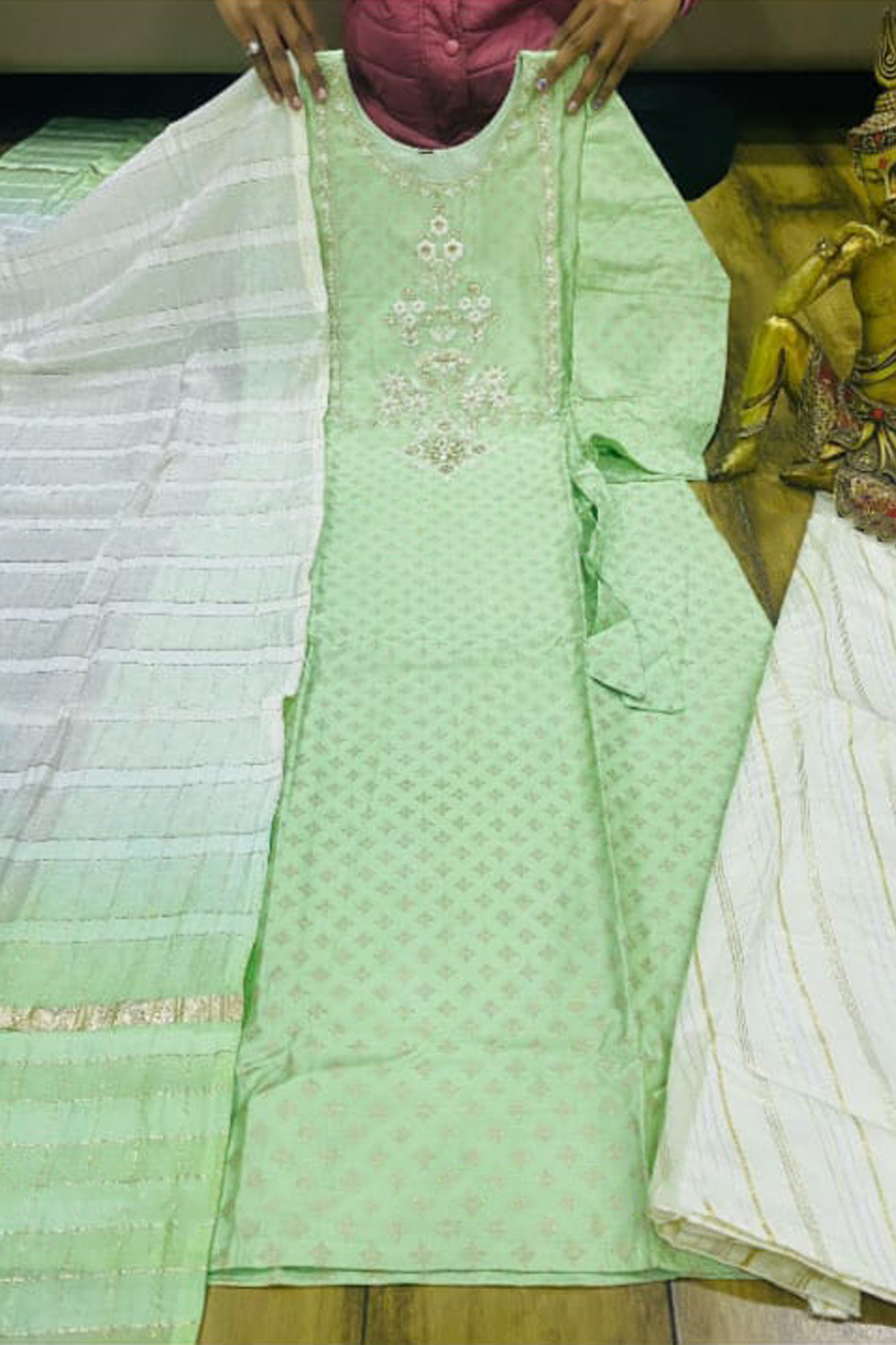 Premium Maslin Silk Kurti and Zari Palazzo Set with Shaded Dupatta KURTI JCS Fashions Pista green Large (40)
