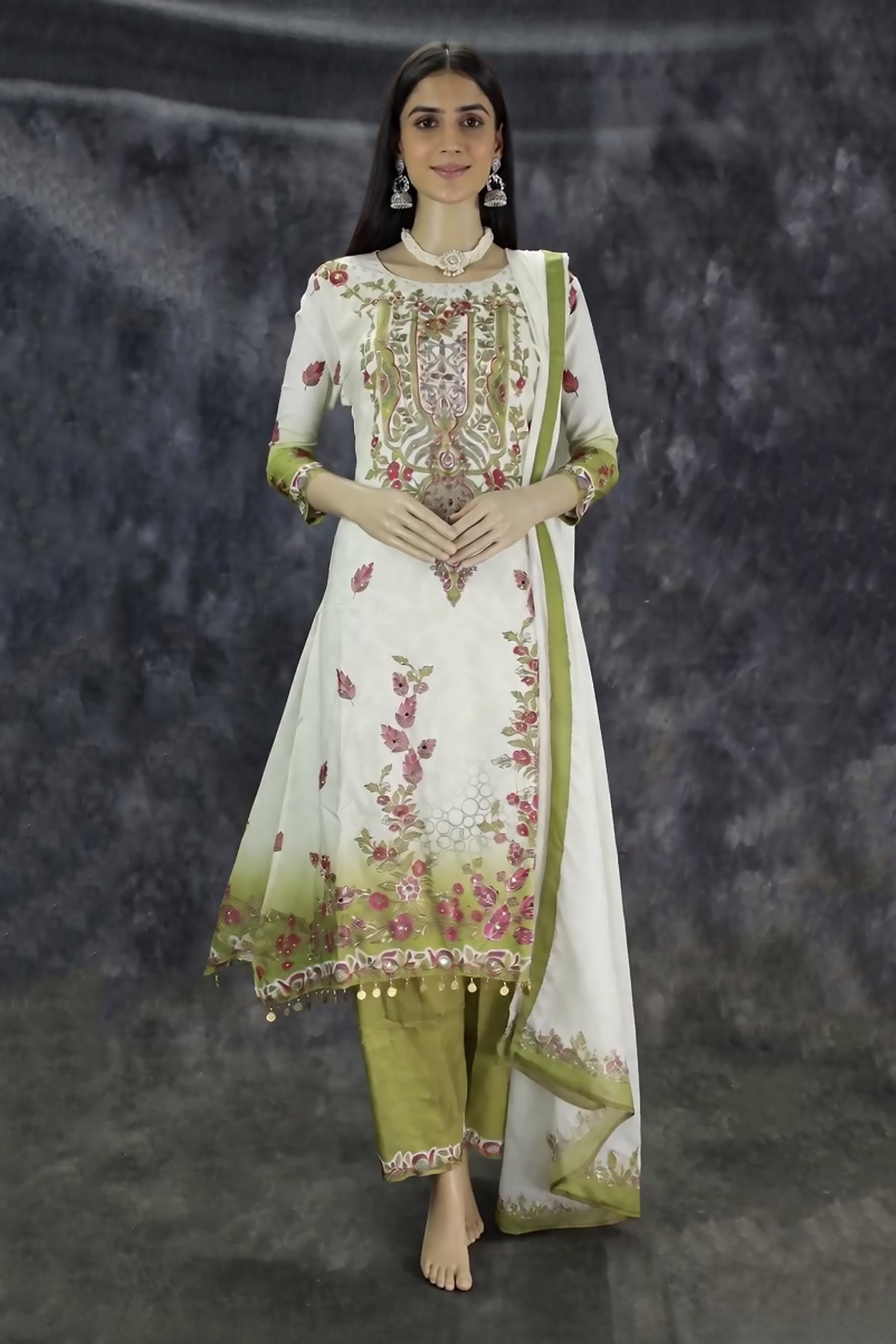 Cream Designer Crepe Salwar Set - 3-Piece Kurti with Stone & Mirror Work and Coin Hangings