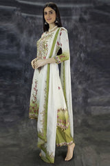 Cream Designer Crepe Salwar Set - 3-Piece Kurti with Stone & Mirror Work and Coin Hangings