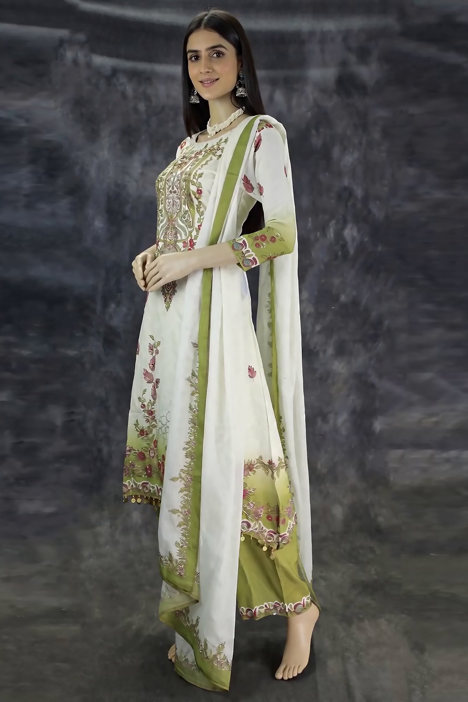 Cream Designer Crepe Salwar Set - 3-Piece Kurti with Stone & Mirror Work and Coin Hangings