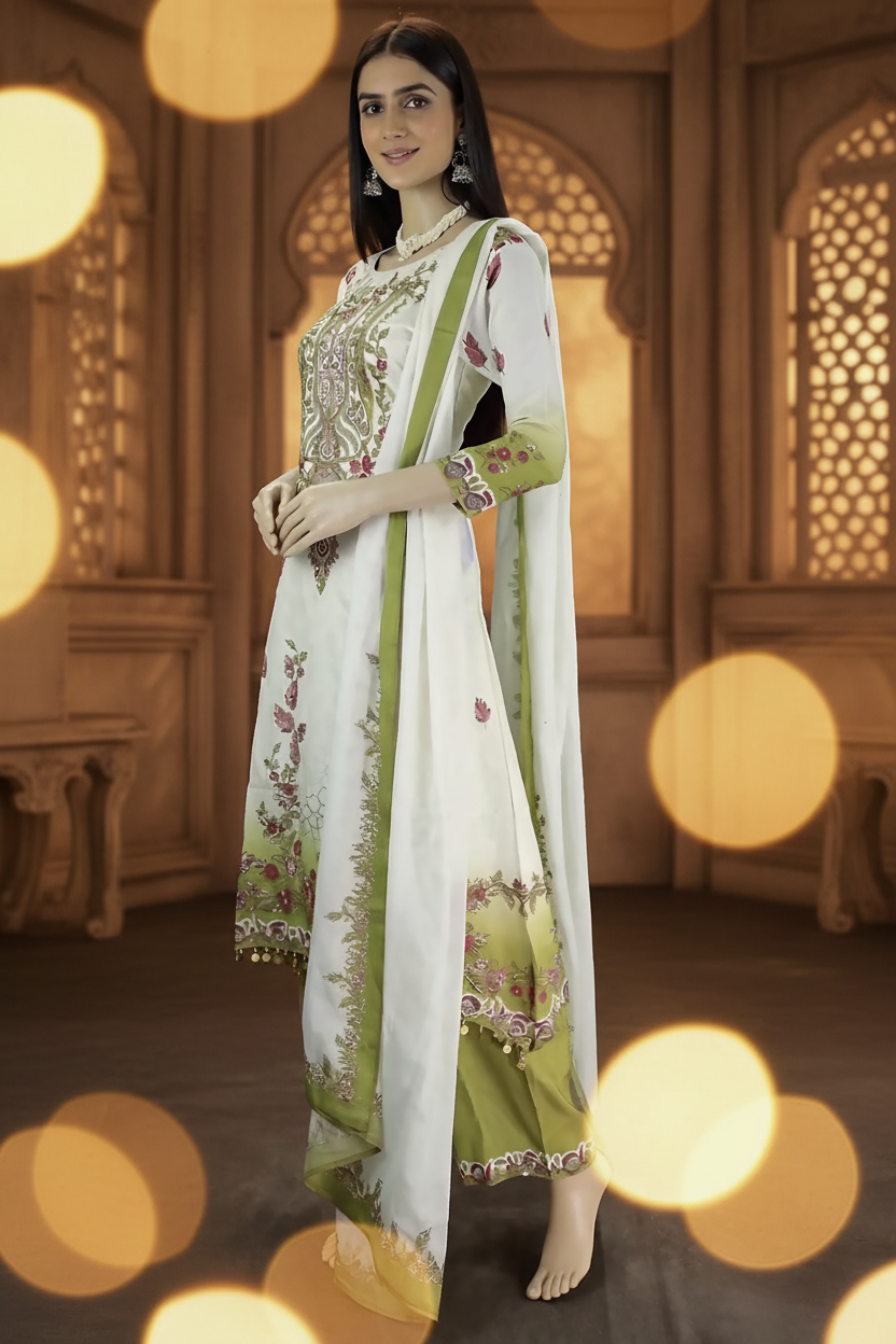Cream Designer Crepe Salwar Set - 3-Piece Kurti with Stone & Mirror Work and Coin Hangings
