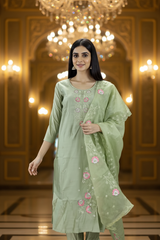 Light Green Roman Silk Kurti Pant Set with Embroidered Handwork Chinon Dupatta for Women