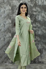 Light Green Roman Silk Kurti Pant Set with Embroidered Handwork Chinon Dupatta for Women
