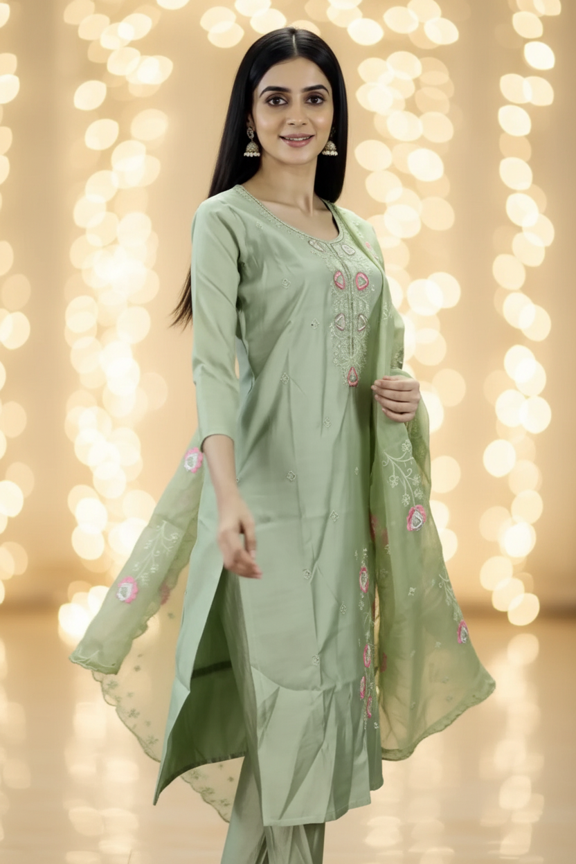 Light Green Roman Silk Kurti Pant Set with Embroidered Handwork Chinon Dupatta for Women