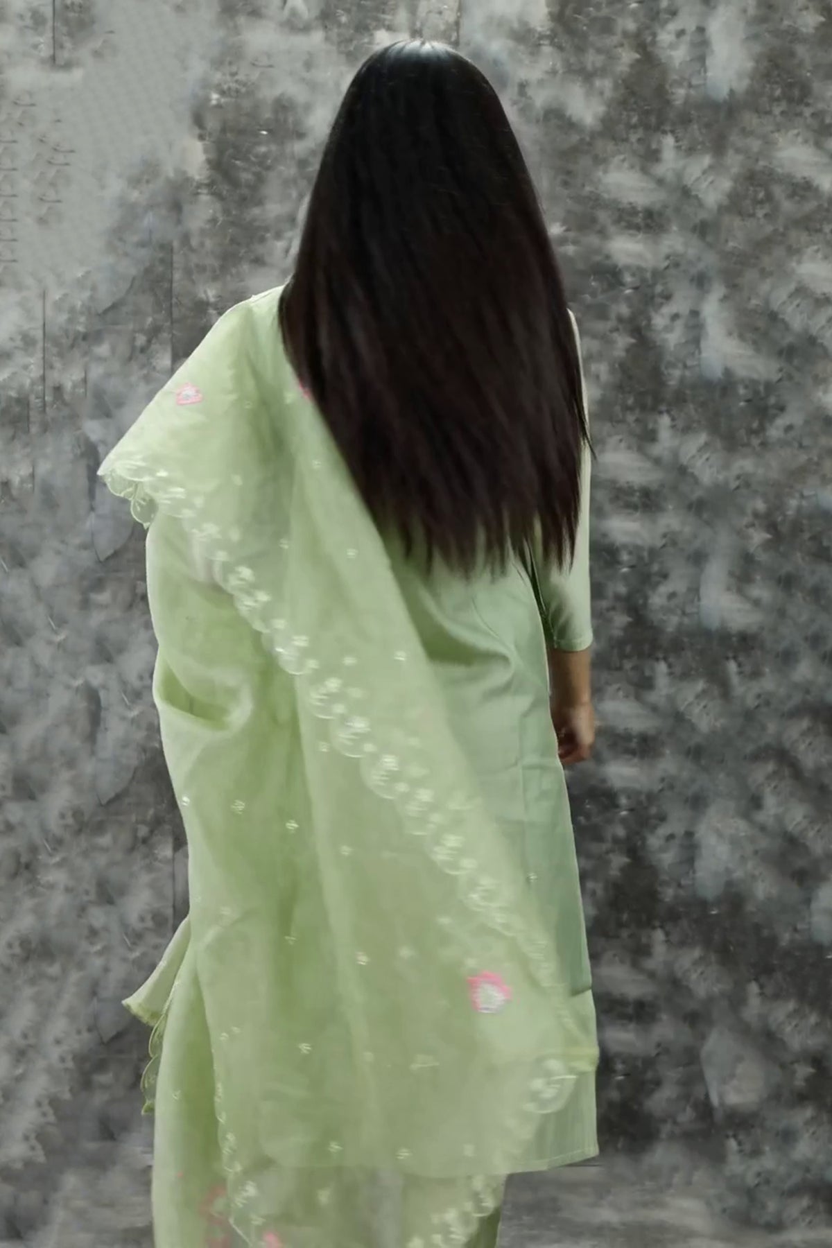 Light Green Roman Silk Kurti Pant Set with Embroidered Handwork Chinon Dupatta for Women