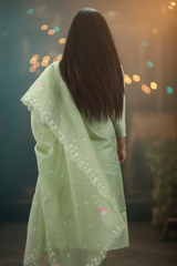 Light Green Roman Silk Kurti Pant Set with Embroidered Handwork Chinon Dupatta for Women