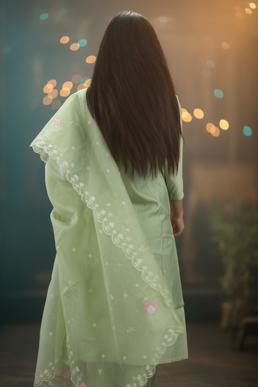 Light Green Roman Silk Kurti Pant Set with Embroidered Handwork Chinon Dupatta for Women