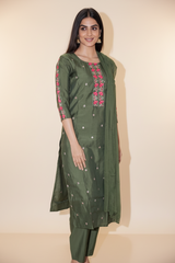 Olive Green Salwar Kameez – Cotton 3-Piece with Dupatta