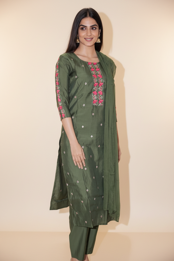 Olive Green Salwar Kameez – Cotton 3-Piece with Dupatta