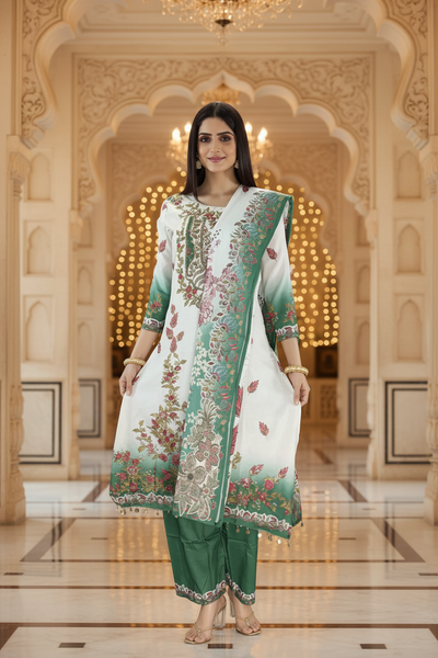 Cream and Green Crepe 3-Piece Salwar Suit with Embellished Kurti, Cotton Dupatta and Elastic Pants