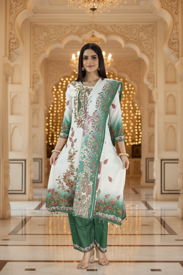 Cream and Green Crepe 3-Piece Salwar Suit with Embellished Kurti, Cotton Dupatta and Elastic Pants
