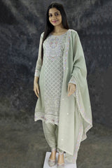 Pastel Green 3-Piece Pakistani Kurti Salwar Set with Organza Chiffon Dupatta and Stone Work