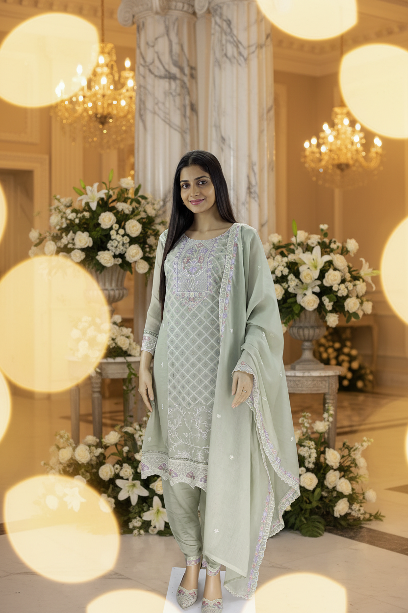 Pastel Green 3-Piece Pakistani Kurti Salwar Set with Organza Chiffon Dupatta and Stone Work