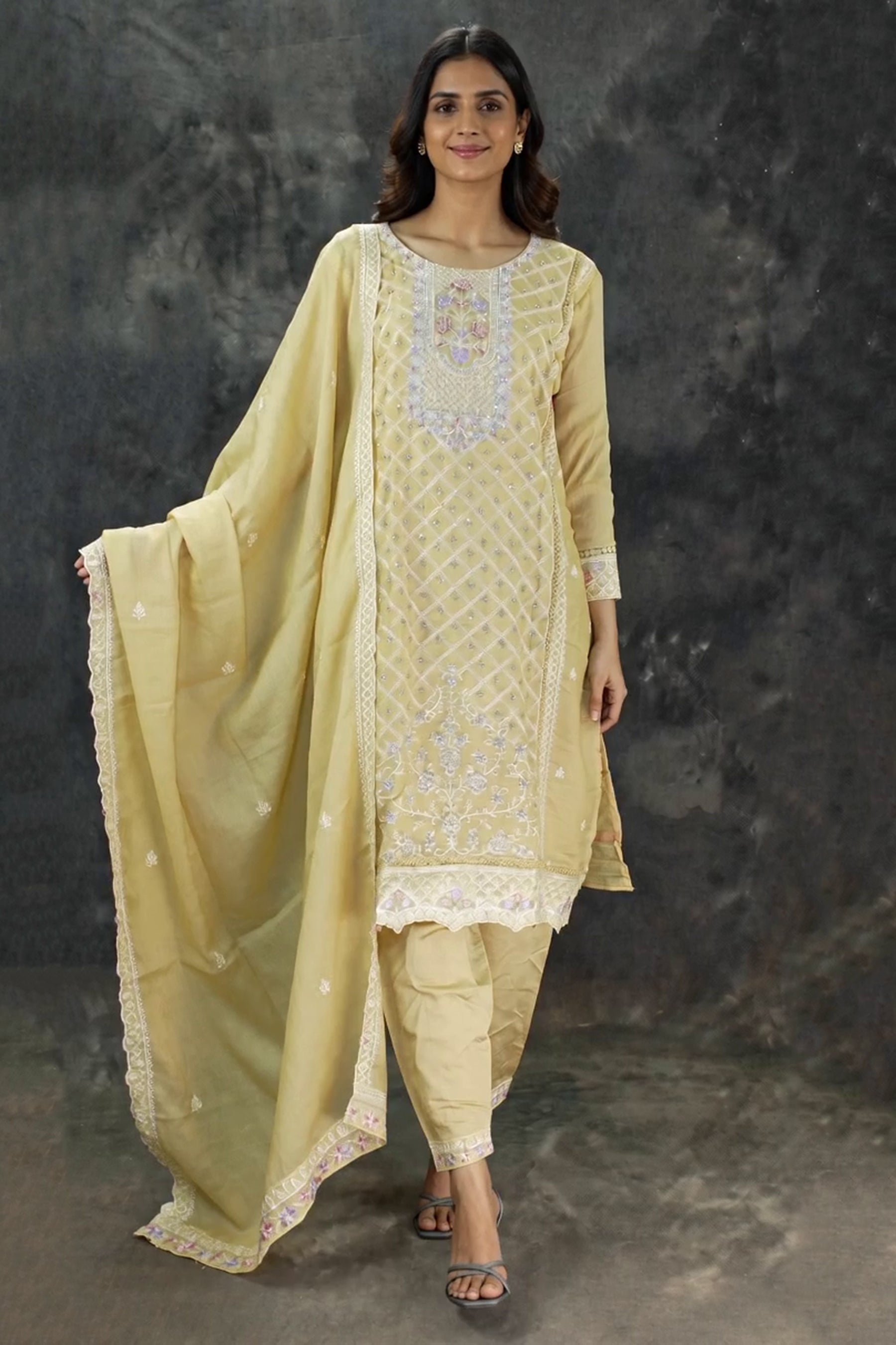 Pastel Yellow Organza Chiffon 3-Piece Salwar Set with Stone Work Kurti, Pant & Dupatta