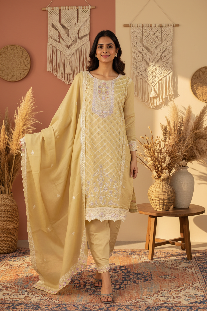 Pastel Yellow Organza Chiffon 3-Piece Salwar Set with Stone Work Kurti, Pant & Dupatta