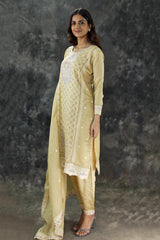 Pastel Yellow Organza Chiffon 3-Piece Salwar Set with Stone Work Kurti, Pant & Dupatta