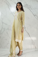 Pastel Yellow Organza Chiffon 3-Piece Salwar Set with Stone Work Kurti, Pant & Dupatta