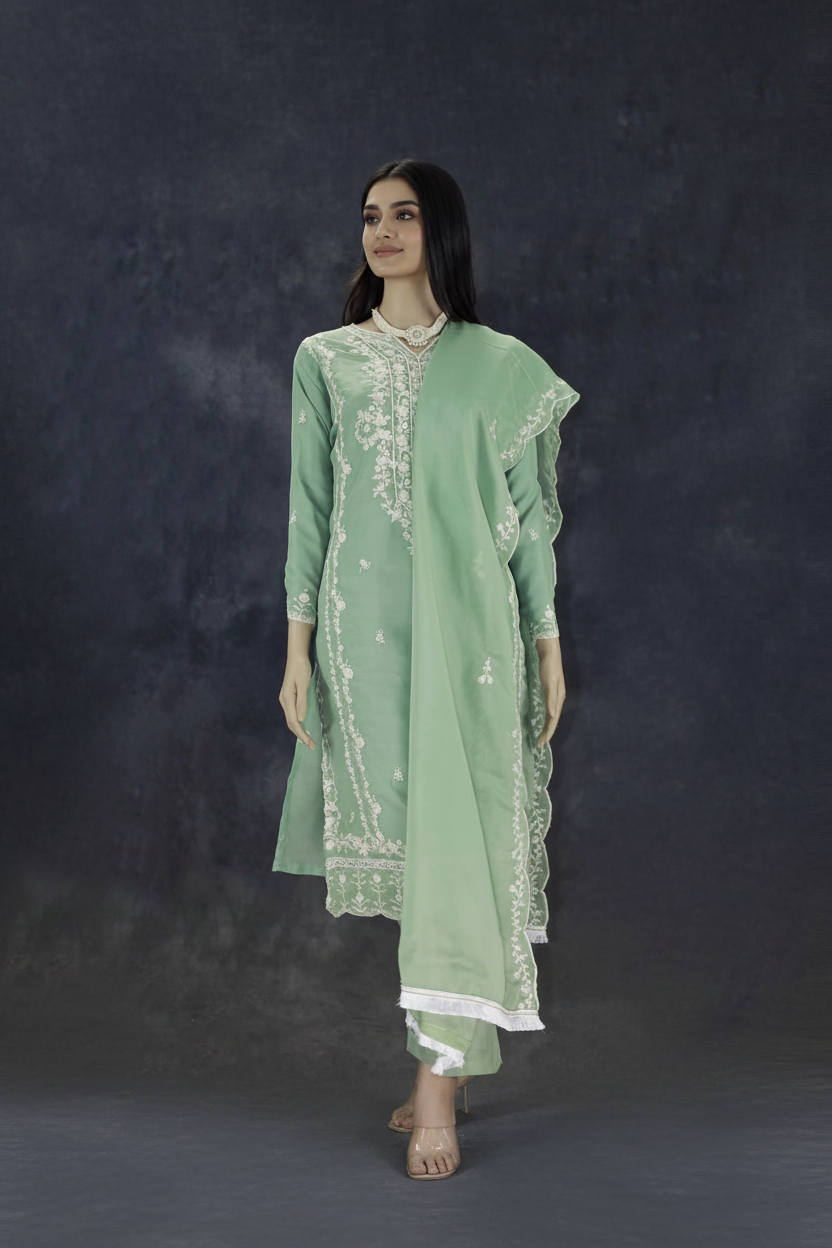Pista Green Organza Kurti Set with Khatli Work & Beads, Roman Silk Salwar and Border Dupatta