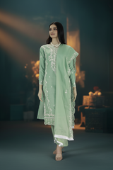 Pista Green Organza Kurti Set with Khatli Work & Beads, Roman Silk Salwar and Border Dupatta