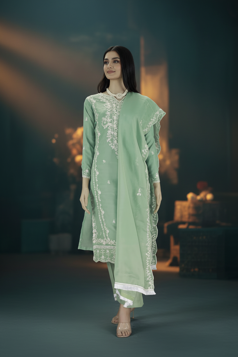 Pista Green Organza Kurti Set with Khatli Work & Beads, Roman Silk Salwar and Border Dupatta